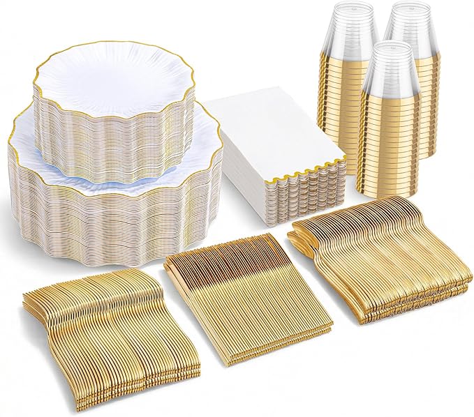 I00000 350 PCS White and Gold Plastic Plates for 50 Guests, Premium Scalloped Disposable Dinnerware Set Include: 100 Disposable Plate, 50 Napkins, 50 Cups, 50 Silverware Set for Party & Wedding