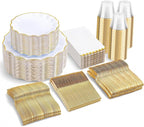 I00000 350 PCS White and Gold Plastic Plates for 50 Guests, Premium Scalloped Disposable Dinnerware Set Include: 100 Disposable Plate, 50 Napkins, 50 Cups, 50 Silverware Set for Party & Wedding
