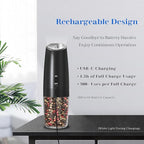 Rechargeable Electric Salt and Pepper Grinder Set, Gravity Activated, Adjustable Coarseness, LED Light, USB Charging, Ceramic Core, 150ml Transparent Hopper, Black
