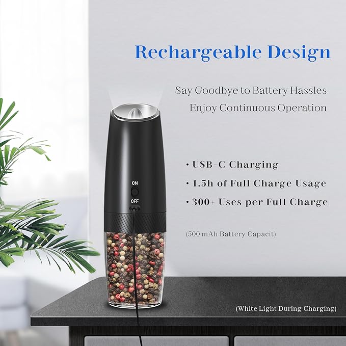 Rechargeable Electric Salt and Pepper Grinder Set, Gravity Activated, Adjustable Coarseness, LED Light, USB Charging, Ceramic Core, 150ml Transparent Hopper, Black