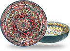 Boho Large Serving Bowls, 10.2 Inch Fruit Salad Bowls, Decorative Serving Dishes for Entertaining, 80 OZ Pasta Bowls Set of 2, Vibrant Colorful Soup Bowls for Party, Home Decor, Bohemian Style Gift