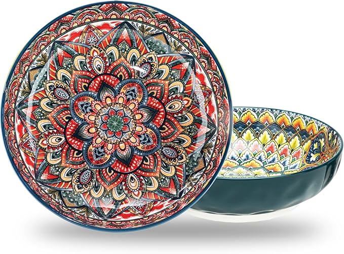 Boho Large Serving Bowls, 10.2 Inch Fruit Salad Bowls, Decorative Serving Dishes for Entertaining, 80 OZ Pasta Bowls Set of 2, Vibrant Colorful Soup Bowls for Party, Home Decor, Bohemian Style Gift