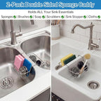 2 Pack Stainless Steel Sponge Holder for Kitchen Sink, Double Sided Sink Caddy Sponge Holder for Brush, Soap, Towel - Rustproof Hanging Organizer for Kitchen Double Basin, Top Width 1.93"