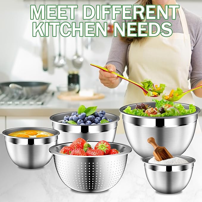 Stainles Steel Mixing Bowls with Lids Set, Stackable Metal Mixing & Serving Bowl with Strainer, 5-Piece - Beige