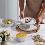 E-far 16 Piece Dinnerware Sets, Plates and Bowls with Pasta Bowls Service for 4, Modern Stoneware Ribbed Dishes for Kitchen Dining, Microwave & Dishwasher Safe, Speckled White