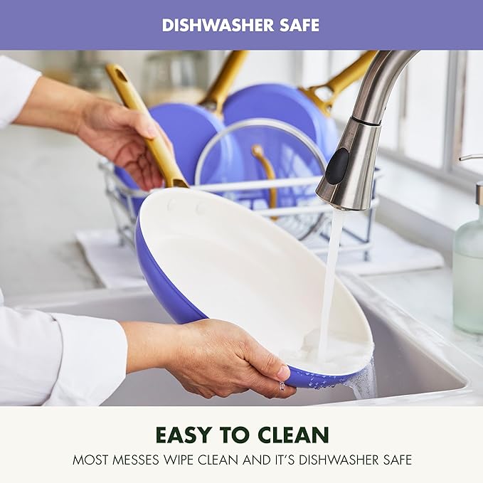 GreenPan Hard Anodized Healthy Ceramic Nonstick 8" 10" & 12" 3 Piece Frying Pan Skillet Set, Gold Handle, PFAS-Free, Dishwasher Safe, Oven Safe, Periwinkle