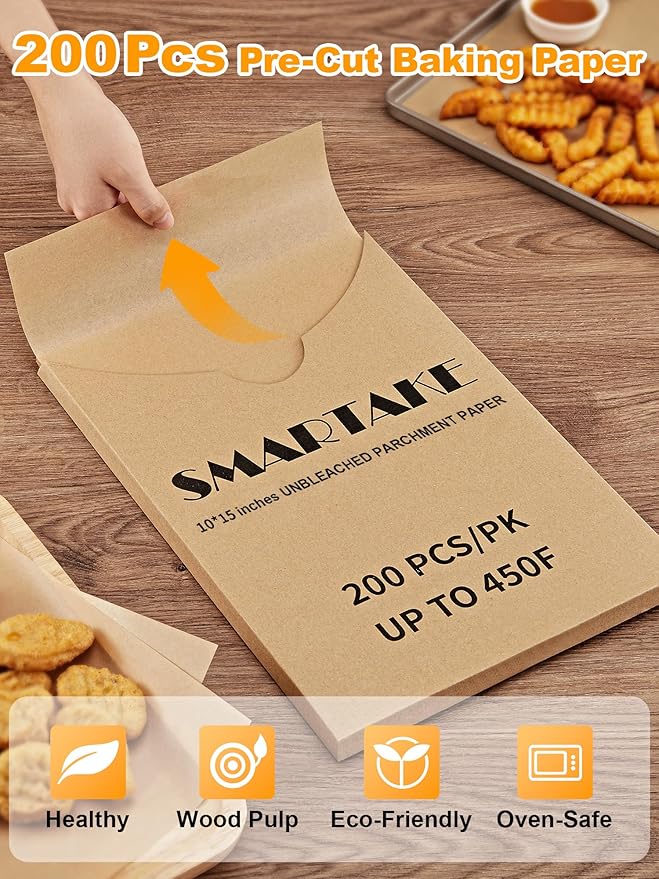 SMARTAKE 200 Pcs Parchment Paper Baking Sheets, 10x15 Inches Non-Stick Precut Baking Parchment, for Baking Grilling Steaming Bread Cup Cake Cookie and More (Unbleached)