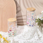 Mumufy 2 Pack Bridesmaid Gift Glass Cups, Cute Flower Mason Jars with Bamboo Lids & Straws, 16oz Iced Coffee Tumblers for Wedding, Bridal Party, Birthday, Mother's Day(Wild Flower2)