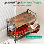 2 Pack Spice Rack Organizer for Countertop with Wood Top, 2-Tier Foldable Metal Rust-Proof Standing Large Seasoning Storage Shelf with Guardrail & Mesh Design for Kitchen Living Room, Black