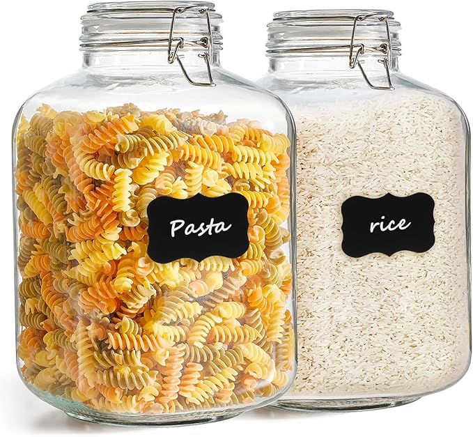 ComSaf 5L (1.3 Gal) Square Glass Rice Containers - Thick Food-Grade Glass Storage Jars with Airtight Hinged Lids & Reusable Labels - Perfect for Flour, Sugar, Pasta, Beans & Dry Goods, Set of 2