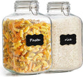 ComSaf 5L (1.3 Gal) Square Glass Rice Containers - Thick Food-Grade Glass Storage Jars with Airtight Hinged Lids & Reusable Labels - Perfect for Flour, Sugar, Pasta, Beans & Dry Goods, Set of 2