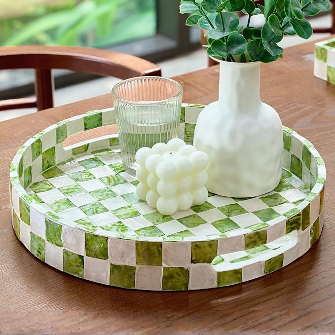 CHI AN HOME 12.6" Capiz Decorative Tray with Handles, Checkered Round Serving Tray for Coffee Table, Kitchen Counter, or Bathroom (Pistachio Green)