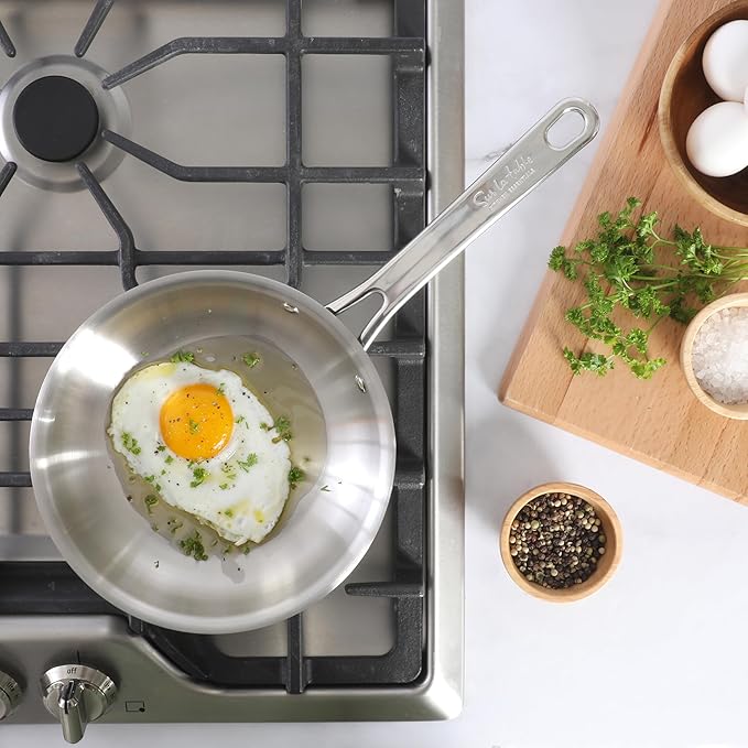 Sur La Table Kitchen Essentials Chef's Deck 8-Inch Stainless Steel Frying Pan – Induction Ready Skillet with Tri-Ply Base, Polished Finish & Hollow Stay-Cool Handle