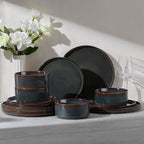 E-far 12-Piece Plates and Bowls Sets, Stoneware Dinnerware Dishes Sets for 4, Kitchen Modern Dining Dishware, Chip & Scratch Resistant, Microwave & Dishwasher Safe, Blackish Green