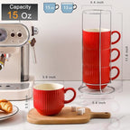 Hasense Red Coffee Mugs, 15 oz Stackable Coffee Cups Set of 4 with Rack - Ceramic Large Ribbed Modern Latte Cup Set for Cappuccino, Tea, Hot Cocoa, Drinks - Dishwasher & Microwave Safe