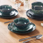 vancasso Starry Dinnerware Set for 4, Handmade Reactive Glaze Stoneware 12 Pieces Plates and Bowls Sets, Dishwasher and Microwave Safe Dish Set, Green