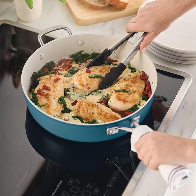 KitchenAid Hard Anodized Ceramic Induction Nonstick Cookware Saute Pan/Jumbo Cooker with Lid and Helper Handle, Dishwasher Safe, 5 Quart Non Stick Sauteuse with Stainless Steel Handles - Agave Blue