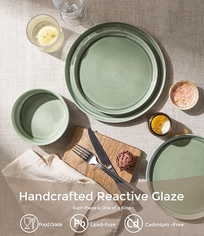 GBHOME 24-Piece Stoneware Dinnerware Set for 8 – Ribbed Ceramic Plates and Bowls, Scratch-Resistant, Microwave & Dishwasher Safe, Reactive Glaze, Light Green