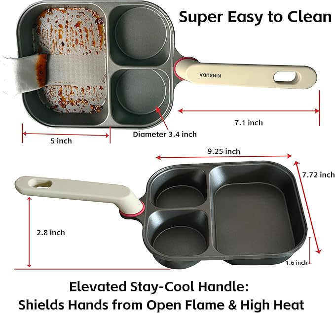 Titanium Nonstick Egg Pan 9.25" - 2 Round & 1 Square Compartments, PFOA/PTFE Free, Works on Gas/Induction/Electric Stovetops, Cooks Bacon, Pancakes & Eggs Simultaneously