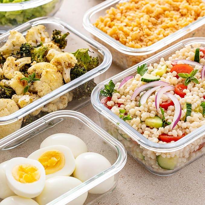Freshware Glass Storage Containers with Lids, 24 Pieces, 12 Containers with 12 Lids, Glass Meal Prep Container for Lunch, Food Storage Containers, Leak Proof, Freezer Safe, Grey