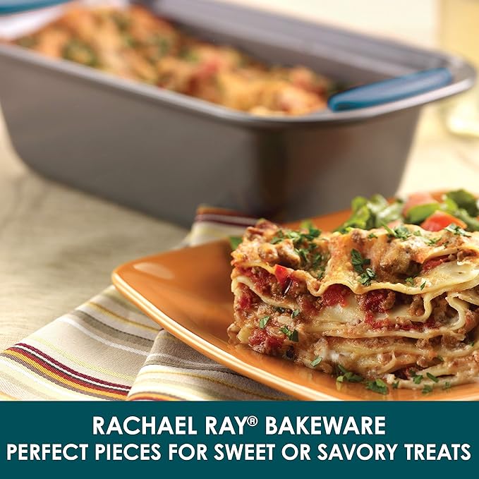 Rachael Ray Yum-o! Bakeware Oven Lovin' Nonstick Loaf Pan, 9-Inch by 5-Inch Steel Pan, Gray with Marine Blue Handles (Pack of 6)