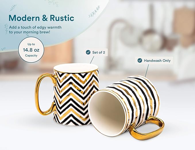 KooK Coffee Mugs, Coffee Mug Set, Black and Gold Cups, Porcelain, Tea Cups with Handles, Geometric Design with Metallic Gold Accents, 14.8 oz, Black and Gold, Set of 2