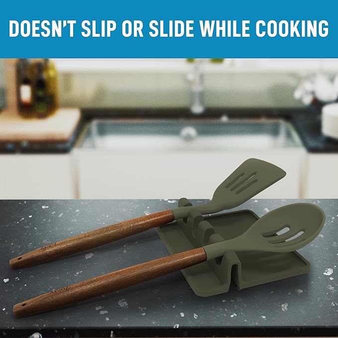 Zulay Kitchen Silicone Utensil Rest with Drip Pad for Multiple Utensils - BPA-Free, Heat-Resistant Spoon Rest & Spoon Holder for Stove Top - Kitchen Utensil Holder for Ladles & Tongs - Olive Green