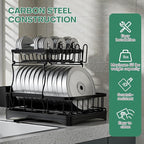 2 Tier Dish Rack, Carbon Steel Dish Drying Rack for Kitchen Organization & Storage, Countertop / Sink Dish Rack with Automatic Drain Tray, Large Capacity Black Dish Rack - Essential Home Kitchen Item