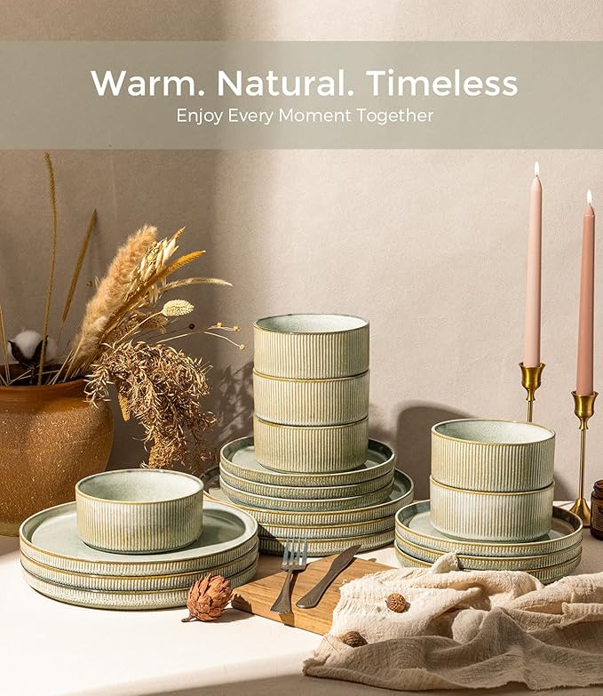 GBHOME 12-Piece Stoneware Dinnerware Set for 4 – Ribbed Ceramic Plates and Bowls, Scratch-Resistant, Microwave & Dishwasher Safe, Reactive Glaze, Desert Sage