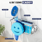 MURLONG Sponge Holder for Kitchen Sink,Sink Caddy Smiley Face,4-in-1 Sponge Holder with Suction Cups & 1 PCS Adhesive Strips for Holding Soap,Brush,Scrubber,Sponge,Stopper-Silver