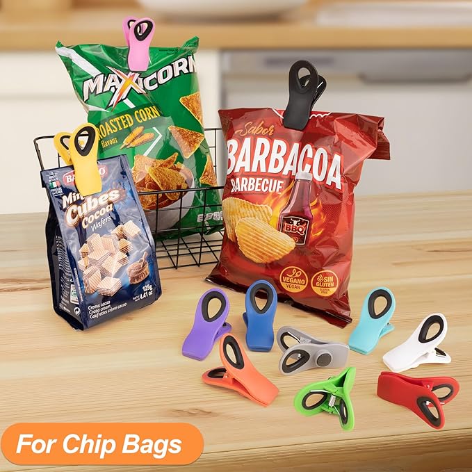 12 Pack Chip Clips Bag Clips, Office Paper Clamps, Magnetic Food Clip for Bread Bag, Refrigerator, Snack, Kitchen, Office, Packages, Colorful Plastic Clip Heavy Duty