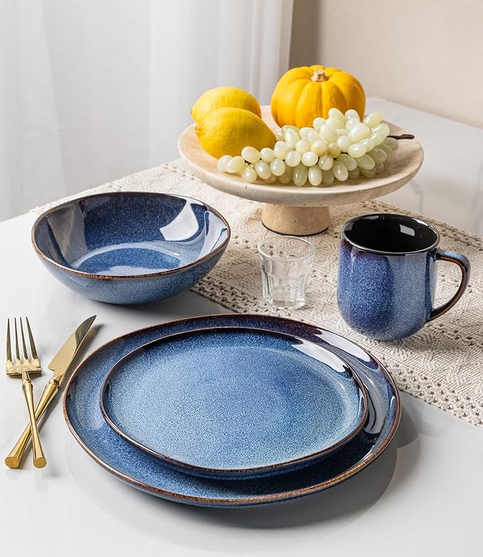 GBHOME Stoneware Dinnerware Sets for 4, 12 Pieces Rustic Ceramic Plates and Bowls Set, Handmade Reactive Glaze Plate Sets, Highly Chip Resistant Dishes, Microwave & Dishwasher Safe, Sea Blue