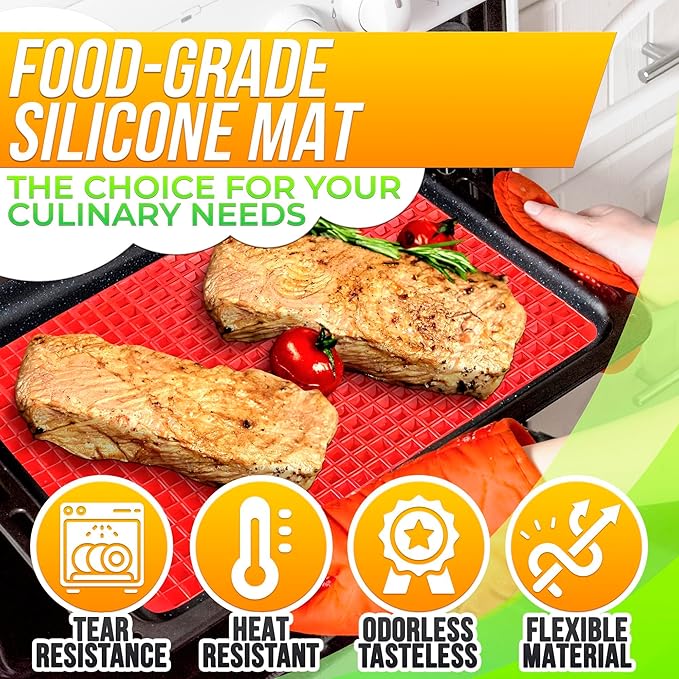 Red Silicone Baking Mat - 16x11.42" Non Stick Baking Mat With Fat Filtering Red Pyramid Design, Suitable for Oven & Microwave - Flexible & Easy-to-Clean Silicone Cooking Mats for Roasting, BBQ, Bacon