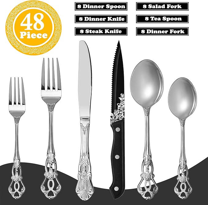 Runfly Retro Royal Silver 48 Pieces Flatware Set, Gorgeous Silver Silverware Set For 8, Anti-rust Stainless Steel dark Cutlery Set Utensils Including Fork Spoon and Knife