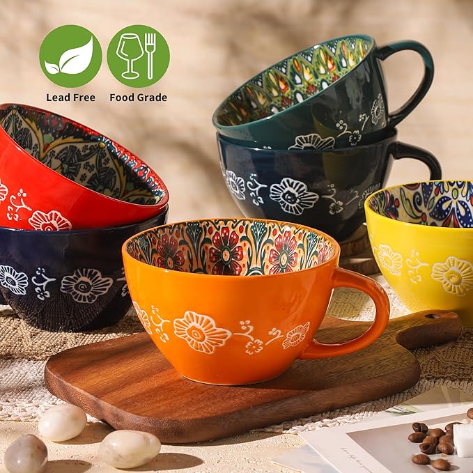 Coffee Mug Set of 6, 15 oz Boho Coffee Mug Ceramic with Handle, Porcelain Tea Cups Set, 6 Pcs Coffee Cups for Cappuccino and Latte, Microwave & Dishwasher Safe, Ideal Gift for Family/Friend