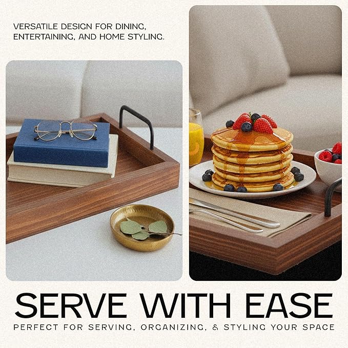 Besti Rustic Vintage Food Serving Trays (Set of 2) | Wooden Board w/Metal Handles | Stylish Farmhouse Decor Serving Platters | Small: 13.5" x 2 x 9.5, Large: 15.9" x 2" x 11.8" (Rustic Dark Brown)