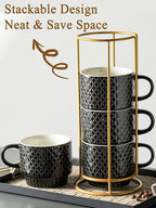 Gomakren Coffee Mugs Set of 4, 13 Ounce Stackable Coffee Mug Set with Stand, Stoneware Coffee Cup with Spoon for Coffee, Milk, Tea, Cocoa, Black