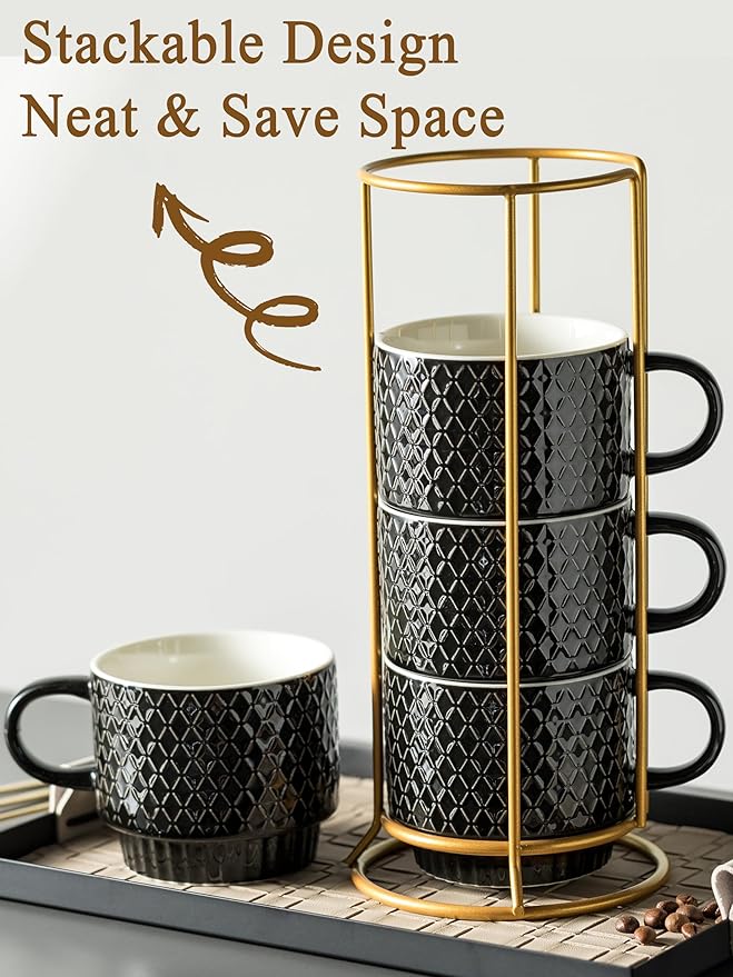 Gomakren Coffee Mugs Set of 4, 13 Ounce Stackable Coffee Mug Set with Stand, Stoneware Coffee Cup with Spoon for Coffee, Milk, Tea, Cocoa, Black