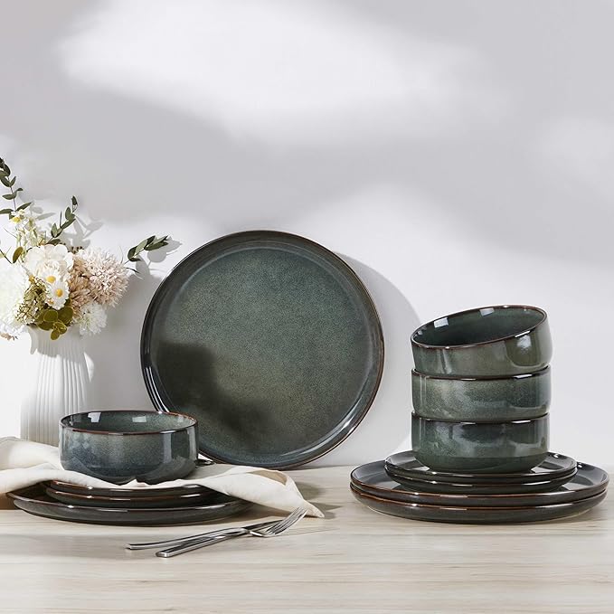 Herogo 12 Pieces Square Stoneware Dinnerware Set, Service for 4, Dinner Plates and Bowls Sets, Double Reactive Glaze Dishes Set for Kitchen, Scratch Resistant, Dishwasher Safe, Moss Green