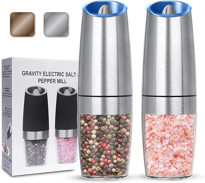 Gravity Electric Salt and Pepper Grinder set of 2, Automatic Salt And Pepper Grinder Set, Adjustable Roughness, Battery Powered, LED Light, 2 Pack, (Silver)