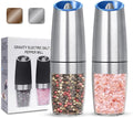 Gravity Electric Salt and Pepper Grinder set of 2, Automatic Salt And Pepper Grinder Set, Adjustable Roughness, Battery Powered, LED Light, 2 Pack, (Silver)