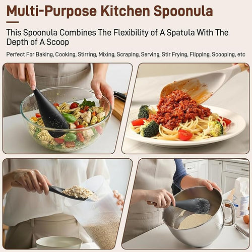 3 PACK Cooking Spatula Spoon for Nonstick Cookware, Multifunction Spoonula Great for Cooking, Serving, Baking, Mixing, Stirring, Scoop, Scrape - Sturdy BPA-Free Heat Resistant Silicone & Wood Handle