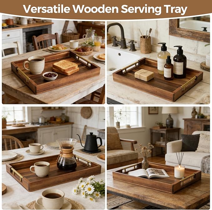Acacia Wood Serving Tray with Golden Handles, 17 Inch Wooden Tray for Ottoman, Breakfast, Lunch, Dinner, Decorative Rectangular Tray for Living Room, Kitchen Counter, Outdoor