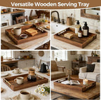 Acacia Wood Serving Tray with Golden Handles, 17 Inch Wooden Tray for Ottoman, Breakfast, Lunch, Dinner, Decorative Rectangular Tray for Living Room, Kitchen Counter, Outdoor