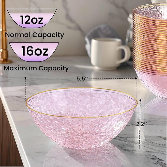 I00000 30 Pack 12 Ounce Pink Plastic Bowls Hammered Clear Bowl with Gold Rimmed, Heavy Duty Disposable Bowl Set,Elegant Salad/Dessert/Ice Cream Small Bowls for Party Weddings