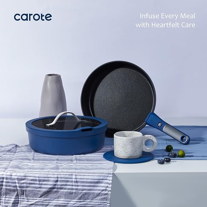 CAROTE 11-Piece Pots and Pans Set, Nonstick Cookware Set Detachable Handle, Frying Pan with Splatter Screen, Oven Safe, Induction Ready, Stackable, Blue
