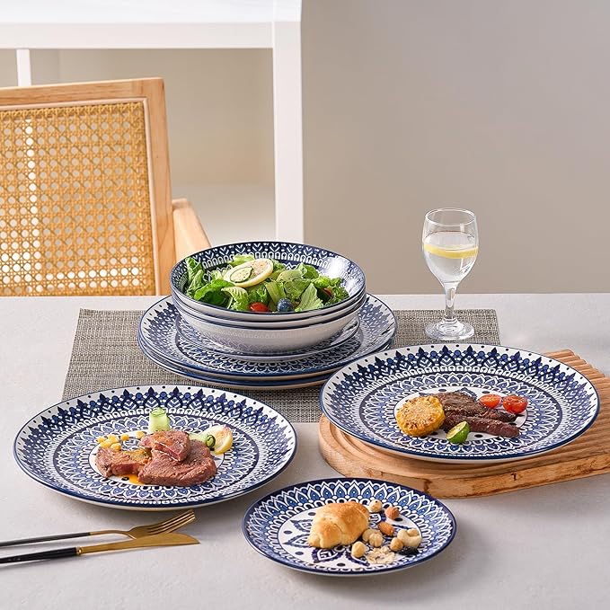 Bestone 12 Piece Round Kitchen Dinnerware Sets,Plates and Bowls sets,Dishes, Plates, Bowls, Dish Set，Plates and Bowls,Service for 4, Chip Resistant Porcelain ， Blue