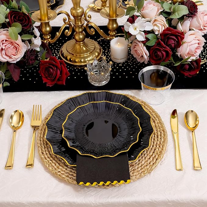 I00000 350 PCS Black and Gold Plastic Plates for 50 Guests, Premium Scalloped Disposable Dinnerware Set Include: 100 Disposable Plate, 50 Napkins, 50 Cups, 50 Silverware Set for Party & Wedding