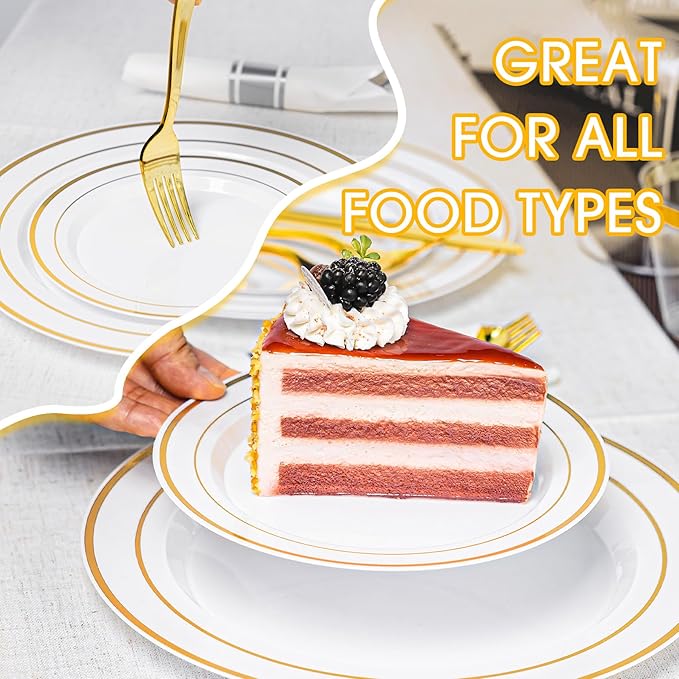 350PCS Gold Plastic Plates Dinnerware Set, Thanksgiving Disposable Plates, 50 Dinner and 50 Dessert Plates, 50 Pre Rolled Napkins with Silverware and 50 Cups for Party and Wedding