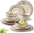 GBHOME Ceramic Dinnerware Sets,12 pcs Embossed Elegant Stoneware Plates and Bowls Sets, Housewarming Wedding Gift | Dishwasher & Microwave Safe | Dishes Set Service for 6